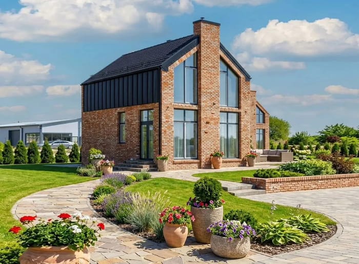 Дом с благоустроенным участком, газоном и дорожками из плитки