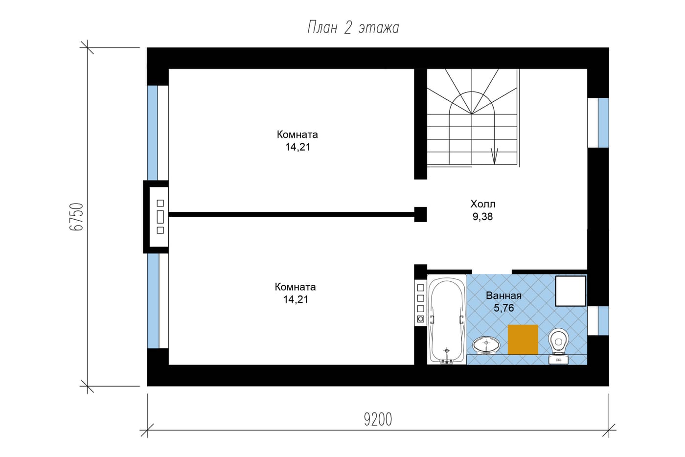 План второго этажа коттеджа 117 м²: две спальни, холл, ванная комната