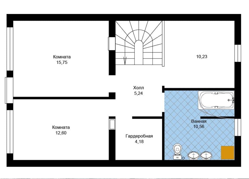 План второго этажа коттеджа 157 м²: три комнаты, холл, гардеробная, ванная